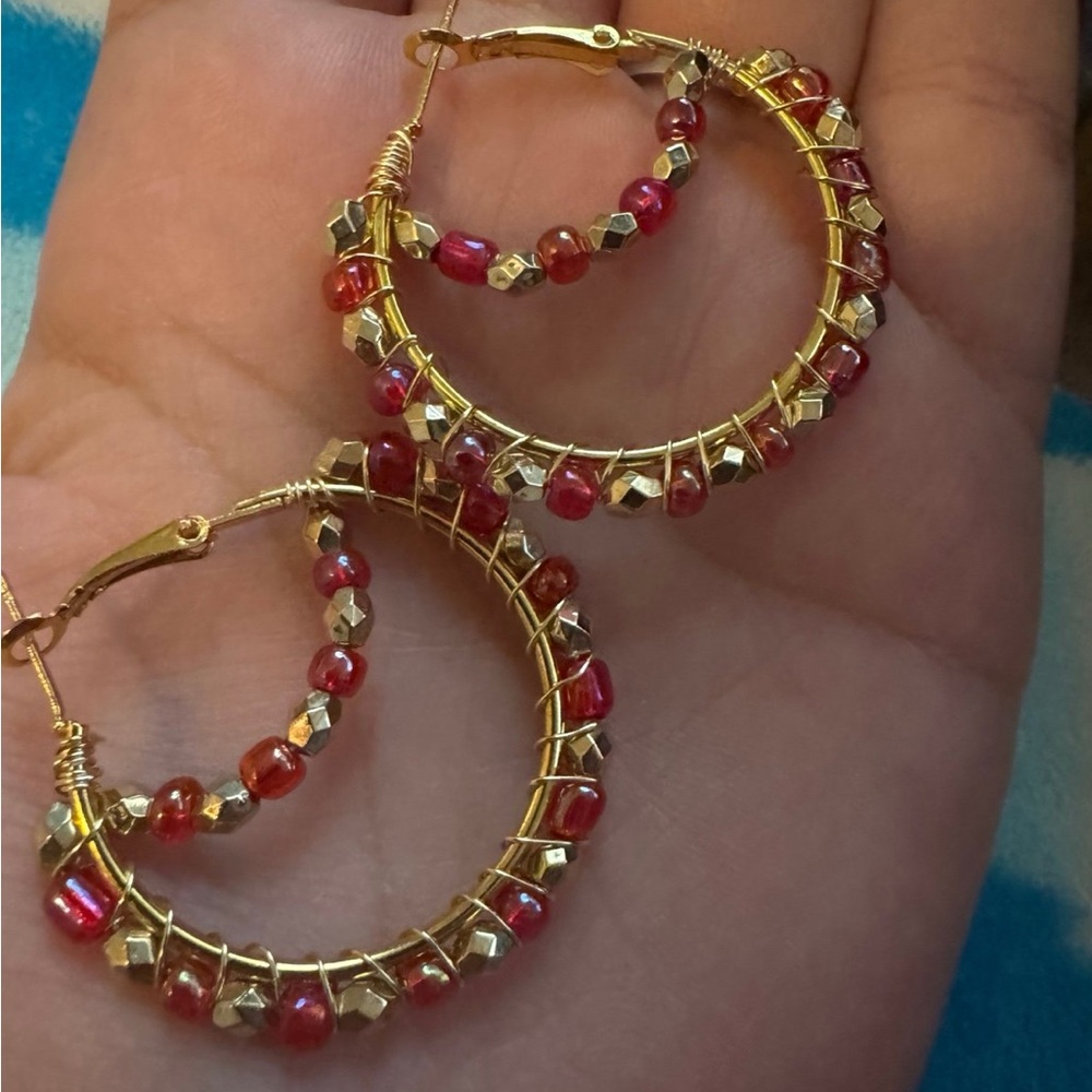 Gold and Red Intricate Hoop Earrings